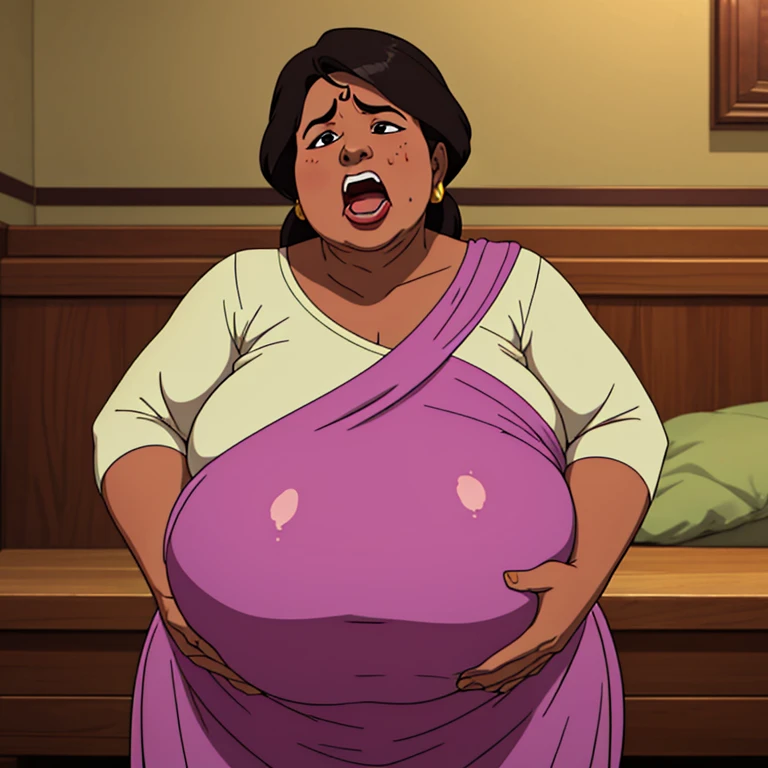 morbidly obese indian aunty screaming in pain from overeating, very tight kurta, extremely wide body, ussbbw, very gigantic very fat swollen pot belly, small breasts, her big belly is heavier than 150 kg, pregnant with octuplets, resting hands on big belly, in extreme pain from overeating, she is moaning and cringing, she is screaming in excruciating pain from overeating, she is tightly scrunching her face, burping