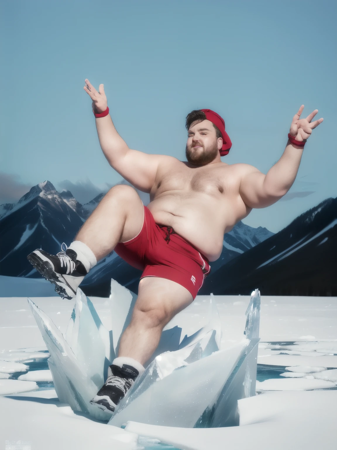 (best quality,4k,8k,highres,masterpiece:1.2),ultra-detailed,(realistic,photorealistic,photo-realistic:1.37),overweight man,red shorts,red headband,shirtless,funny facial expression,fearful expression,frozen lake,broken ice,mountains,icy water,
Medium: digital illustration, 3D rendering
Additional details:
- The overweight man is standing in the center of the frozen lake, which has cracks due to his weight.
- The frozen lake extends to the horizon, surrounded by majestic snow-capped mountains.
- The man's red shorts and red headband create a vibrant contrast against the icy landscape.
- His body is exaggeratedly large, emphasizing his weight, with folds and curves visible on his skin.
- His face shows a mix of fear and humor, with wide eyes and raised eyebrows.
- The broken ice beneath him exposes the icy water below, enhancing the sense of danger.
- The lighting is soft and cold, casting a blue tint on the scene.
- The overall color palette consists of cool tones, emphasizing the icy and snowy environment.
- The man's expression and the broken ice add a touch of comedy to the scene.