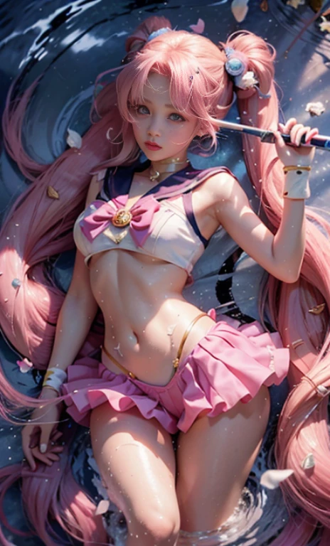 Sailor girl with long blond hair and double ponytail hairstyle with pink bow holding magic wand, sailor moon , photoshoot style, Cinematography, 8K students, sailor moon!!!!!!!!, sailor moon style, inspired by sailor moon, sailor moon, sailor moon. beauty, Princess, classic girl, magical girl style, french girl portrait, anime girl，Show your chest and seduce me，flat chest,flat chest、Spread your legs and show your vagina