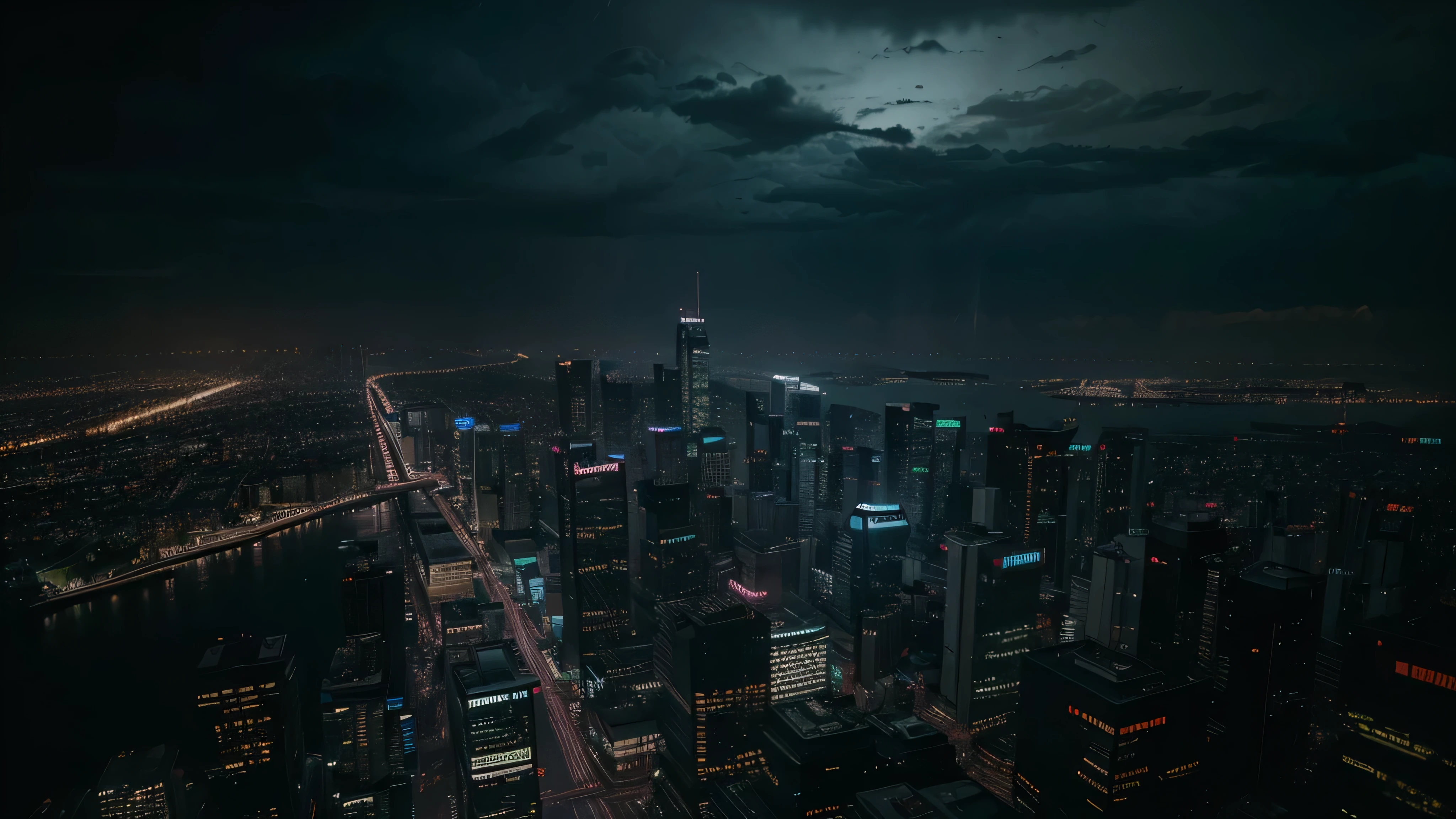 (high quality), (best quality), (realistic), (cinematic lights), (dark contasts), (cyberpunk), flying over the skyline, the weather is rainy, there are lots of neon lights, the view is over the skyline, year 300, (HDR), 8k,