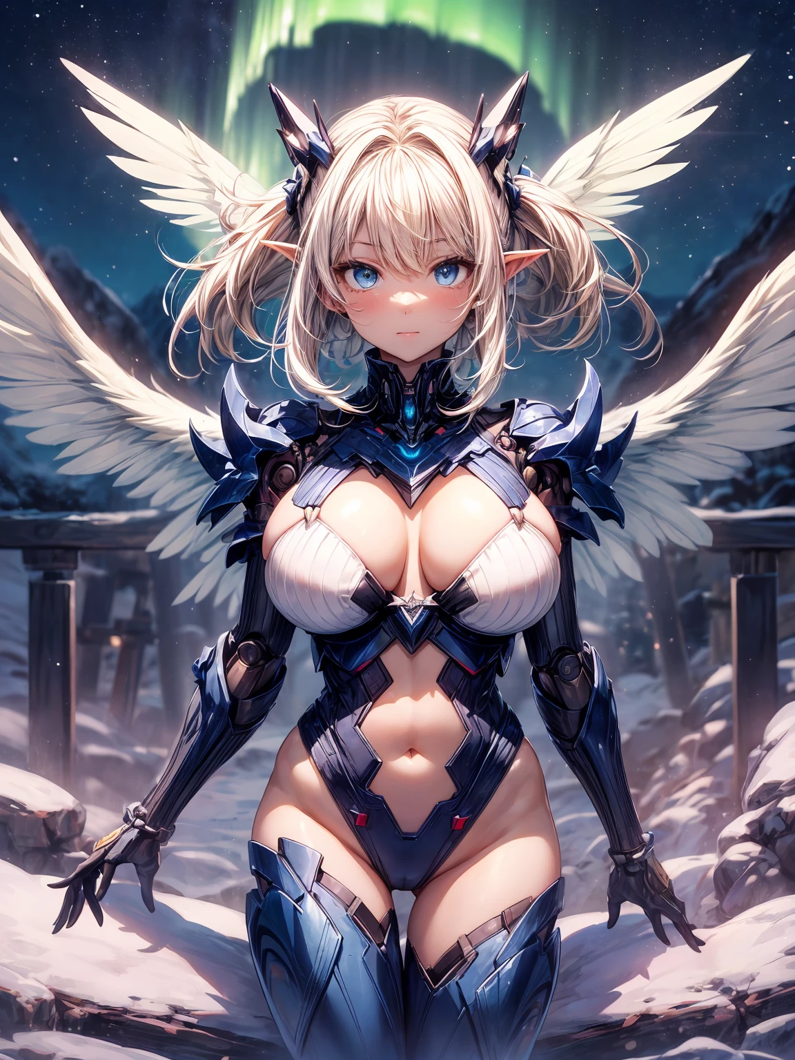 (masterpiece、highest quality, big, very detailedティッカーユニティ、8K、wall , Depth of written boundary, Ultra-fine illustration:1.5)、。.。.3D, very detailed, (Full body Esbian、Mecha elf girl:1.3), battlefield, Hawken, shy smile, open your mouth、short ponytail hair, (white blonde hair, deep blue eyes:1.2), sparkling eyes, Embarrassingly cute type face, cute type, big breasts, delicate hair, messy hair, she looks up at the aurora borealis across the arctic night sky、shiny hair, shiny skin, (Symmetrical mechanical winetallic colored mechanical wings that are widely expanded to the left and right so that they protrude bigly from the screen, bite, white hair ornament), (particles of light, cinematic lighting: 1.But pink lips: 0.8), by Yusuke Murata.