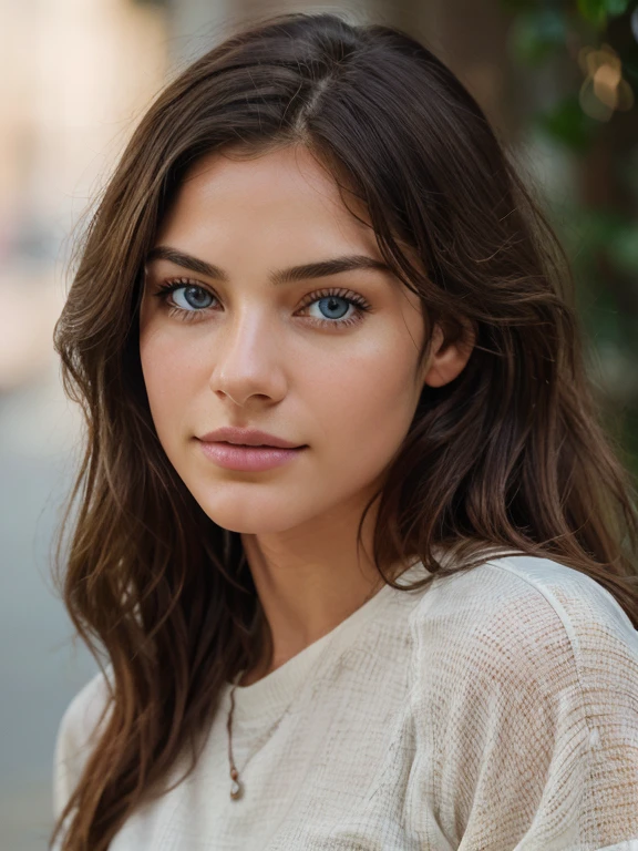 beautiful brunette wearing light white T-shirt, very detailed, 21 years old, innocent face, natural wavy hair, blue eyes, high resolution, masterpiece, best quality, intricate details, highly detailed, sharp focus, detailed skin, realistic skin texture, texture, detailed eyes, professional, 4k, charming smile, shot on Canon, 85mm, shallow depth of field, kodak vision color, perfect fit body, extremely detailed, foto_\(ultra\), photorealistic, realistic, post-processing, maximum detail, roughness, real life, ultra realistic, photorealism, photography, 8k uhd, photography
