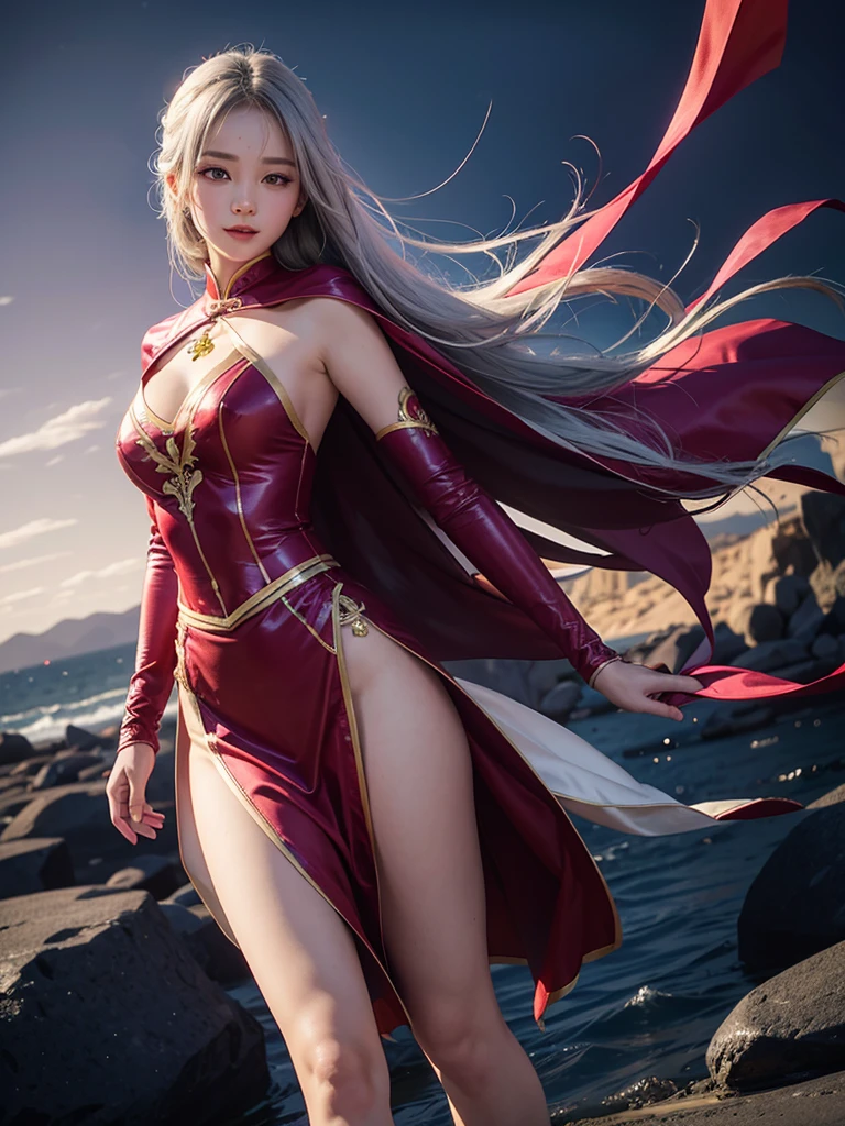 dark vivid pink aodai, Vietnamese girl, smile , long smooth shiny silky silver hair, Realistic lighting, pretty face , Body perfect anatomy,Top Quality, 8K Resolution , full body , real human , High quality, realistic , Cinematic, Aesthetic, beautiful girl , silver cape