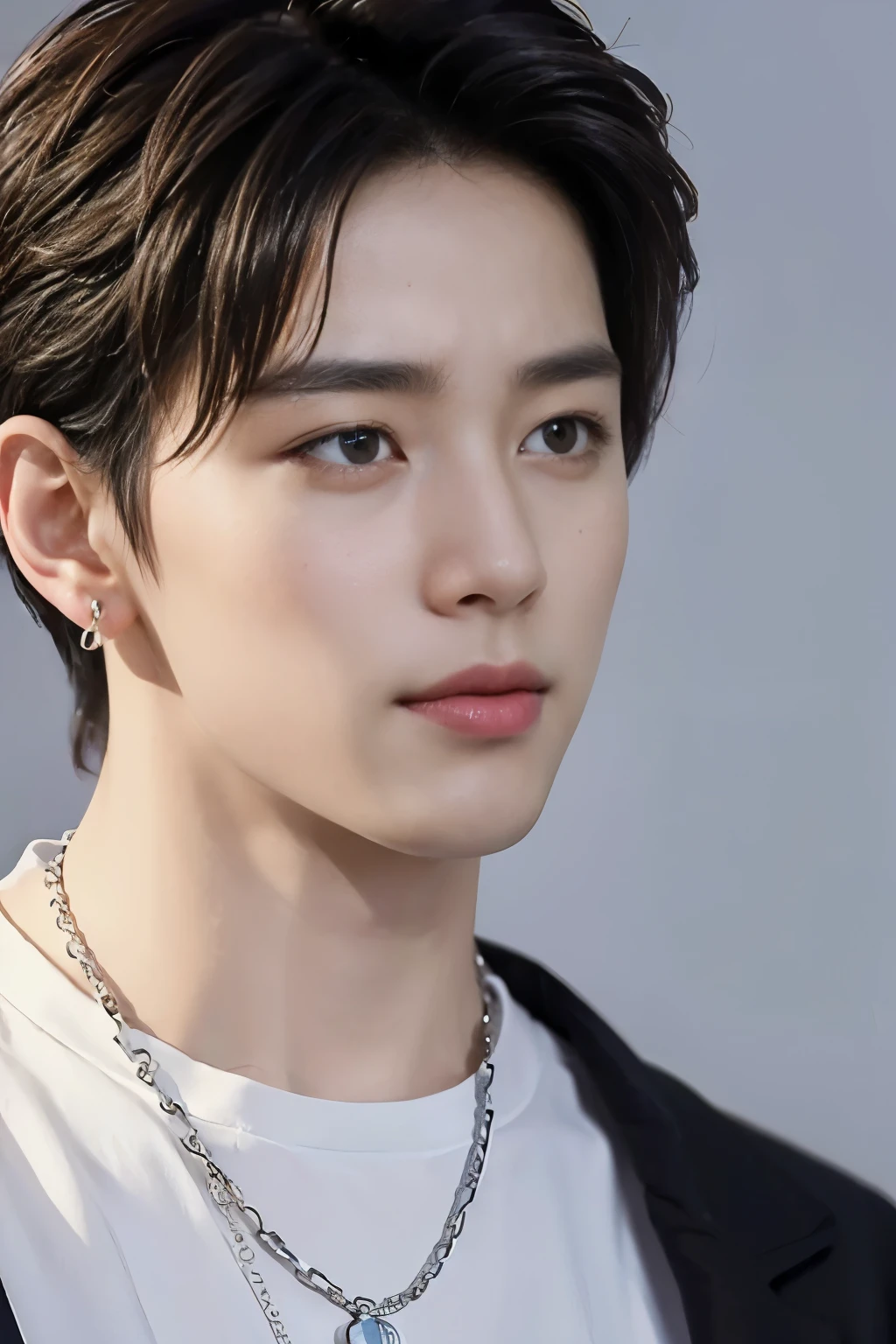 ((Best Quality, 8K, masterpiece: 1.3))、Sad Korean man, 20 year old man、(Sad), Sad Face, Heartache, Sad Eyebrows, Korean style long hair、Sturdy face、Handsome nose、Detailed eyes and face、(Sad Face), Beautiful lighting、(studio)、High Resolution、 (visible to the audience)、mouth details、Thin Mouth、,Sorrisos、whole body: 1.5, perfect body figure: 1.picture of both shoulders:1.3, Wearing a White T-shirt and a casual Black coat:1.5, Accessorieen's earrings, necklaces, men's rings, men's watches), (Sad Boy)