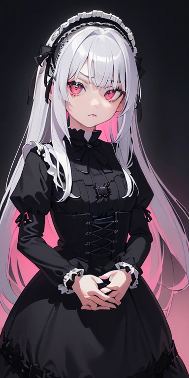 (silver hair,colorful fluorescence multicolored hair:1.5,straight hair:1.5), (masterpiece, sidelights, exquisite beautiful eyes: 1.5), masterpiece*portrait, realistic, ((dark horror background:1.5)),(cold face:1.5),colorful,3D face,(beautiful face),front view: 1.6、 (glowing red eyes:1.2),(tareme:1.5)、(condescending expression:1.5),((blue lip rouge:1.2)),Slim Body, shiny hair, shiny skin: 1.5、medium breasts,、solo,(stand)、(gothic lolita dress:1.5)、(charactor focus:1.5、portlate、eye focus,cowboy shot)、dark atmosphere,intricatedetails