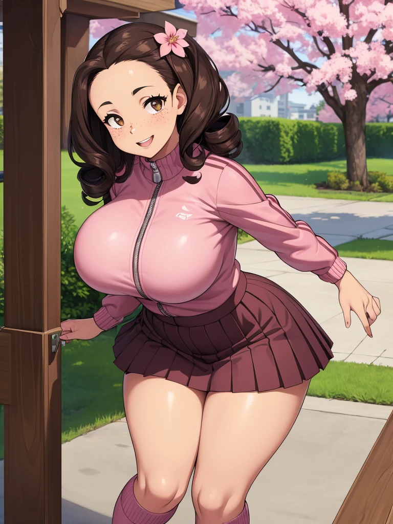 black girl, light skin (freckles), dark brown hair, medium curly afro, hanging curls, brown eyes, forehead, smile (pink lips), pink tracksuit (zipper), narrow waist, huge breasts ((gigantic breasts:0.9)), ((marron pleated skirt)), thigh high socks, outdoors porch (warm light), sakura blossom, bent over (thick thighs), looking at viewer, from front (facing camera), wide shot, (masterpiece, best quality)