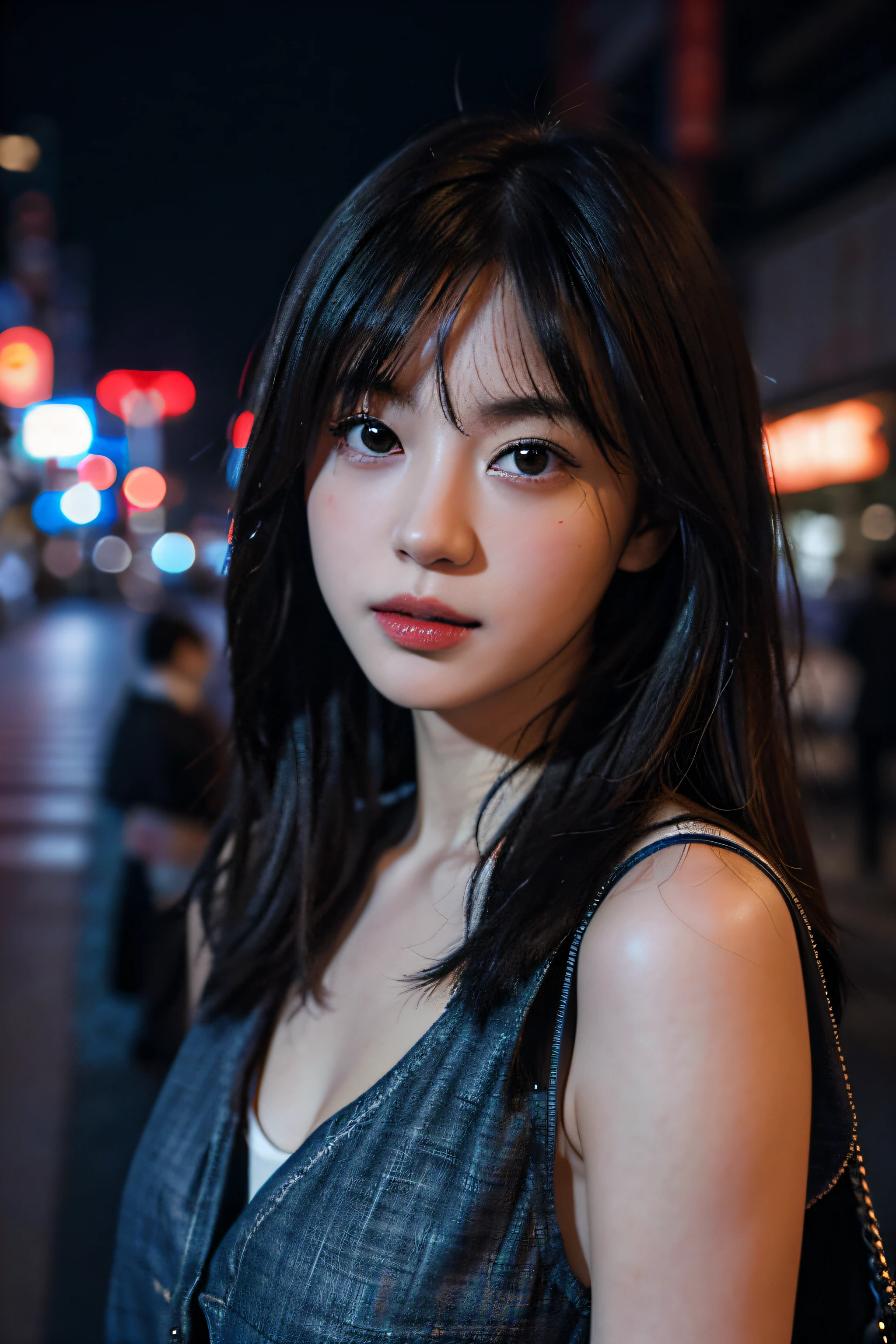1 girl, Tokyo streets,night, city View,city lights, Upper body,close up, 8k, original photo, best quality, masterpiece,actual, photo-actual,