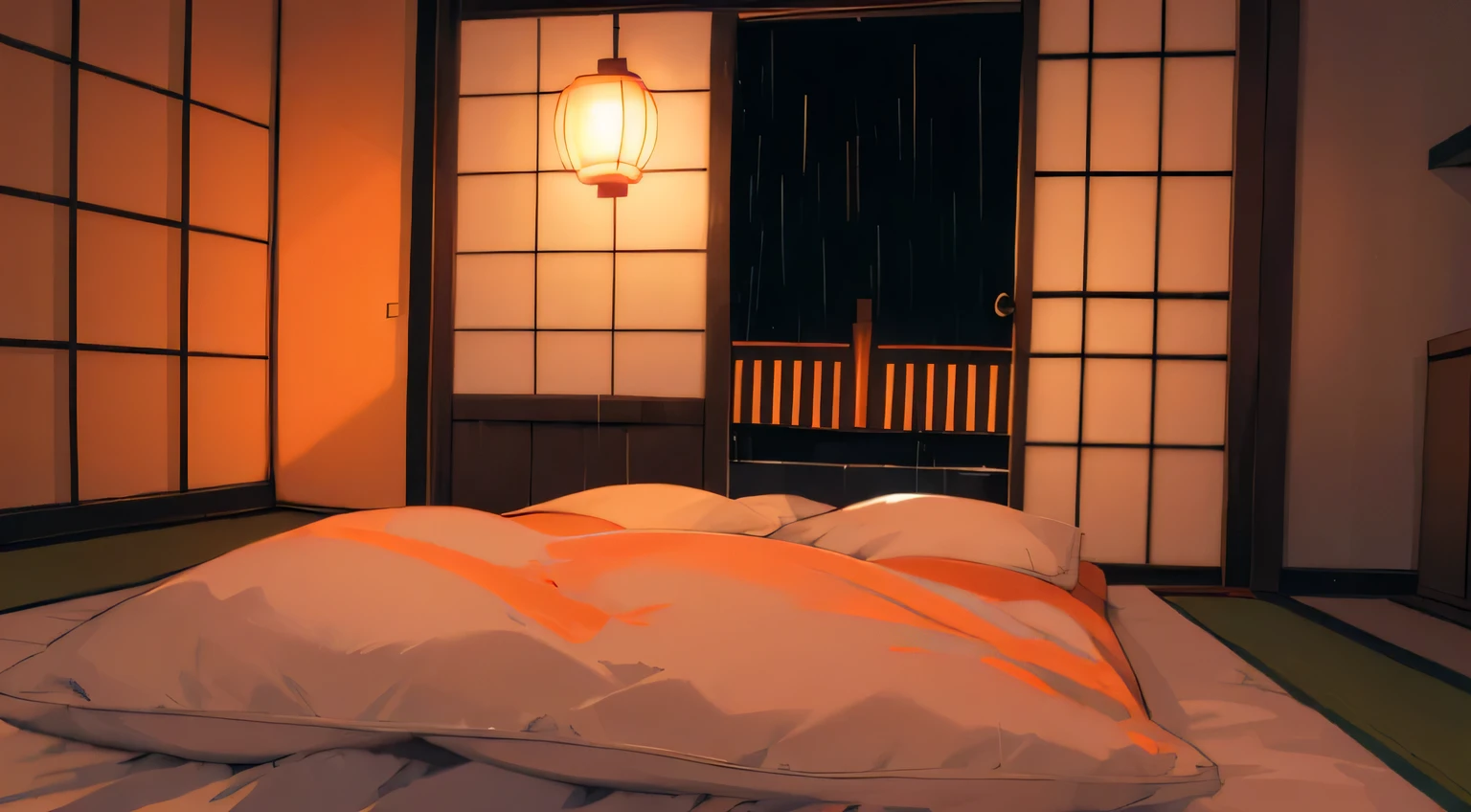night, dark night, bedroom, japan, kyoto, rain, dark, sleeping, high res, ultrasharp, 8k, masterpiece, orange light