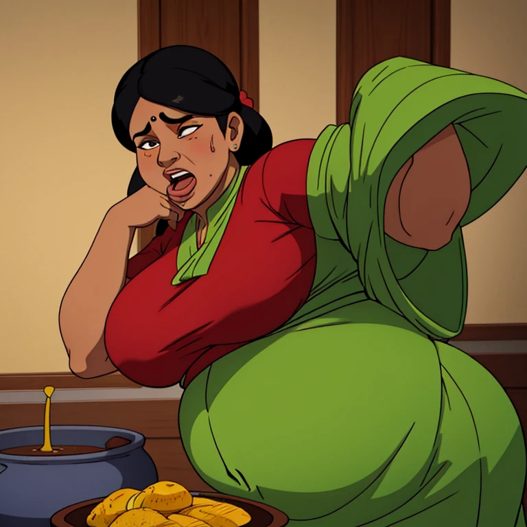 morbidly obese indian aunty screaming in pain from overeating, very tight kurta, extremely wide body, ussbbw, very gigantic very fat swollen pot belly, small breasts, her big belly is heavier than 200 kg, pregnant with octuplets, resting hands on big belly, in extreme pain from overeating, she is moaning and cringing, she is screaming in excruciating pain from overeating, she is tightly scrunching her face, burping