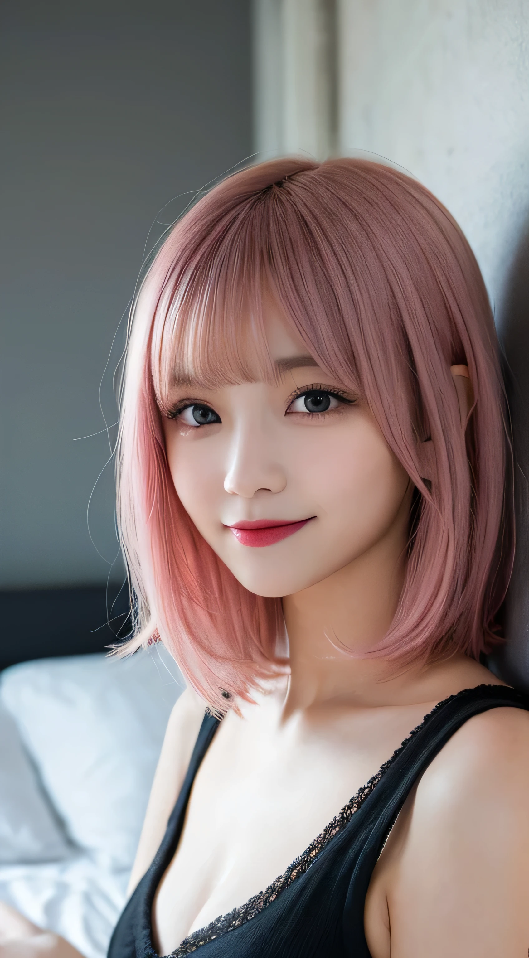 pieces fly, highest quality, figure, Super detailed, small details, High resolution, 8K,wallpaper, 完璧なダイナミックな構figure, beautiful and fine eyes, black camisole,short bob hair、pink hair color,Big Natural Color Lip, bold sexy pose,smile、harajuku style、20 year old girl、lolita、cute type、on the bed、in a dark room