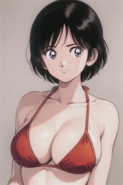 1girl, haruka, black hair, short hair, bangs, looking at viewer, collarbone, medium breast, cleavage, (seiza), slender, upper body, (red micro bikini), (best quality, masterpiece:1.3), (perfect detailed anatomy, Beauty details eyes, Shiny skin, beautiful breasts and cleavage),