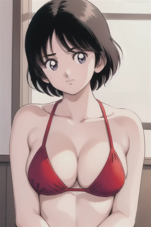 1girl, haruka, black hair, short hair, bangs, looking at viewer, collarbone, medium breast, cleavage, (seiza), slender, upper body, (red micro bikini), (best quality, masterpiece:1.3), (perfect detailed anatomy, Beauty details eyes, Shiny skin, beautiful breasts and cleavage), 
