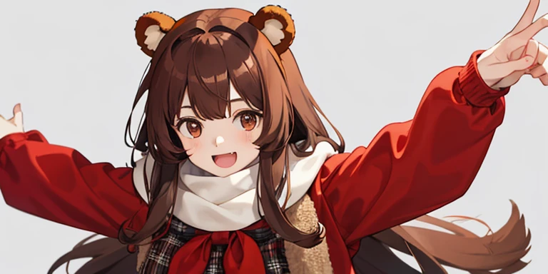 girl with bear ears, brown hair and bangs, and red scarf with tartan pattern, looking happy