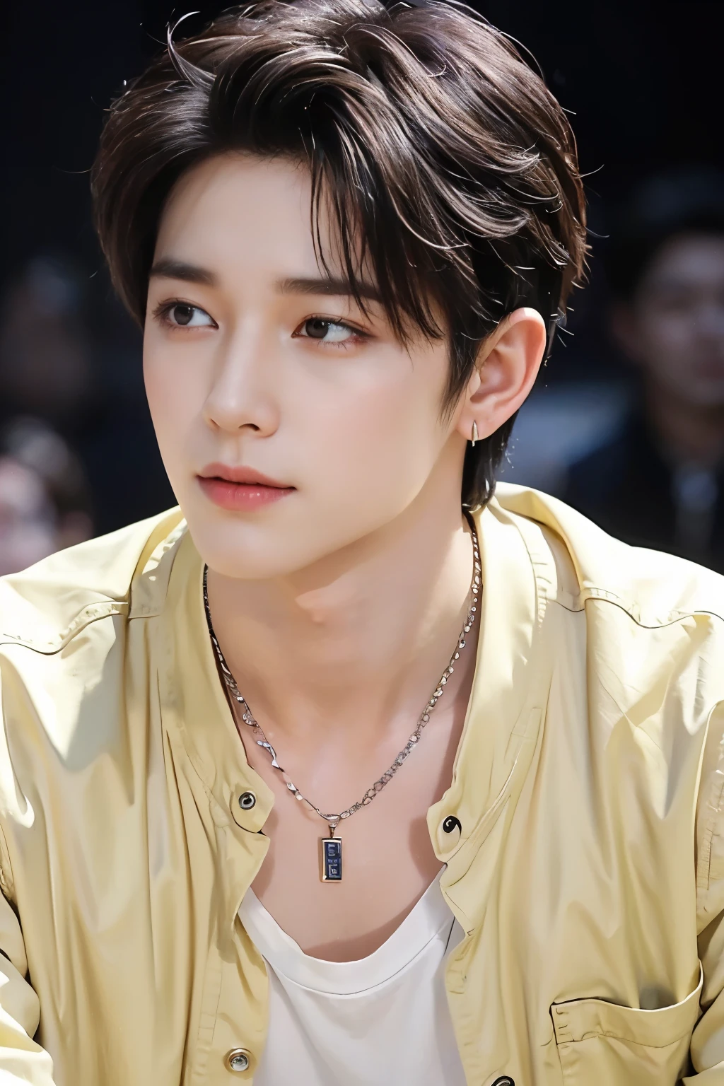 ((Best Quality, 8K, masterpiece: 1.3))、Sad Korean man, 20 year old man、(Very Sad Face), Sad Face, Heartache, Sad Eyebrows, Korean style long hair、Sturdy face、Handsome nose、Detailed eyes and face、(Sad Face), Beautiful lighting、(studio)、High Resolution、 （visible to the audience）、mouth details、Thin Mouth、,Sorrisos、whole body: 1.5, perfect body figure: 1.picture of both shoulders:1.3, Wearing a White T-shirt and a casual Black coat:1.5, Accessorieen's earrings, necklaces, men's rings, men's watches), (Sad Boy)