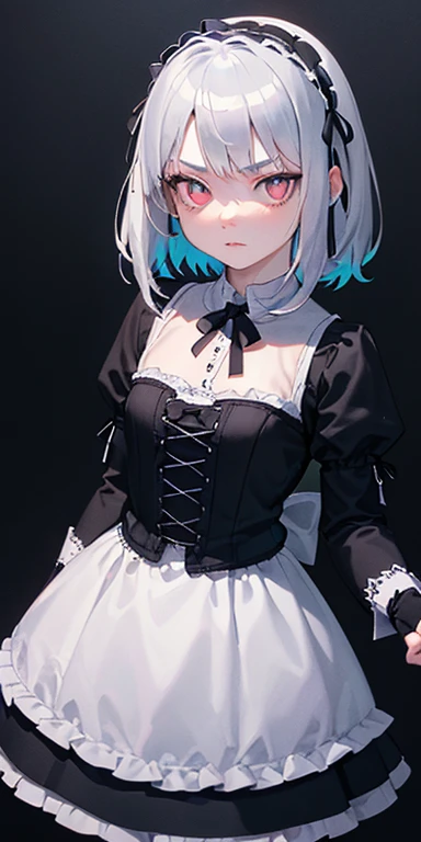 (silver hair,colorful fluorescence multicolored hair:1.5,straight hair:1.5), (masterpiece, sidelights, exquisite beautiful eyes: 1.5), masterpieceportrait, realistic, ((dark horror background:1.5)),(cold face:1.5),colorful,3D face,(beautiful face),front view: 1.6、 (glowing red eyes:1.2),(tareme:1.5)、(condescending expression:1.5),((blue lip rouge:1.2)),Slim Body, shiny hair, shiny skin: 1.5、medium breasts,、solo,(stand)、(gothic ta dress:1.5)、(charactor focus:1.5、portlate、eye focus,cowboy shot)、dark atmosphere,intricatedetails