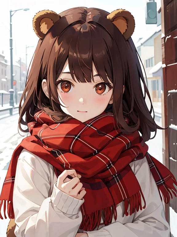 girl with bear ears, brown hair and bangs, and red scarf with tartan pattern, looking at camera happy