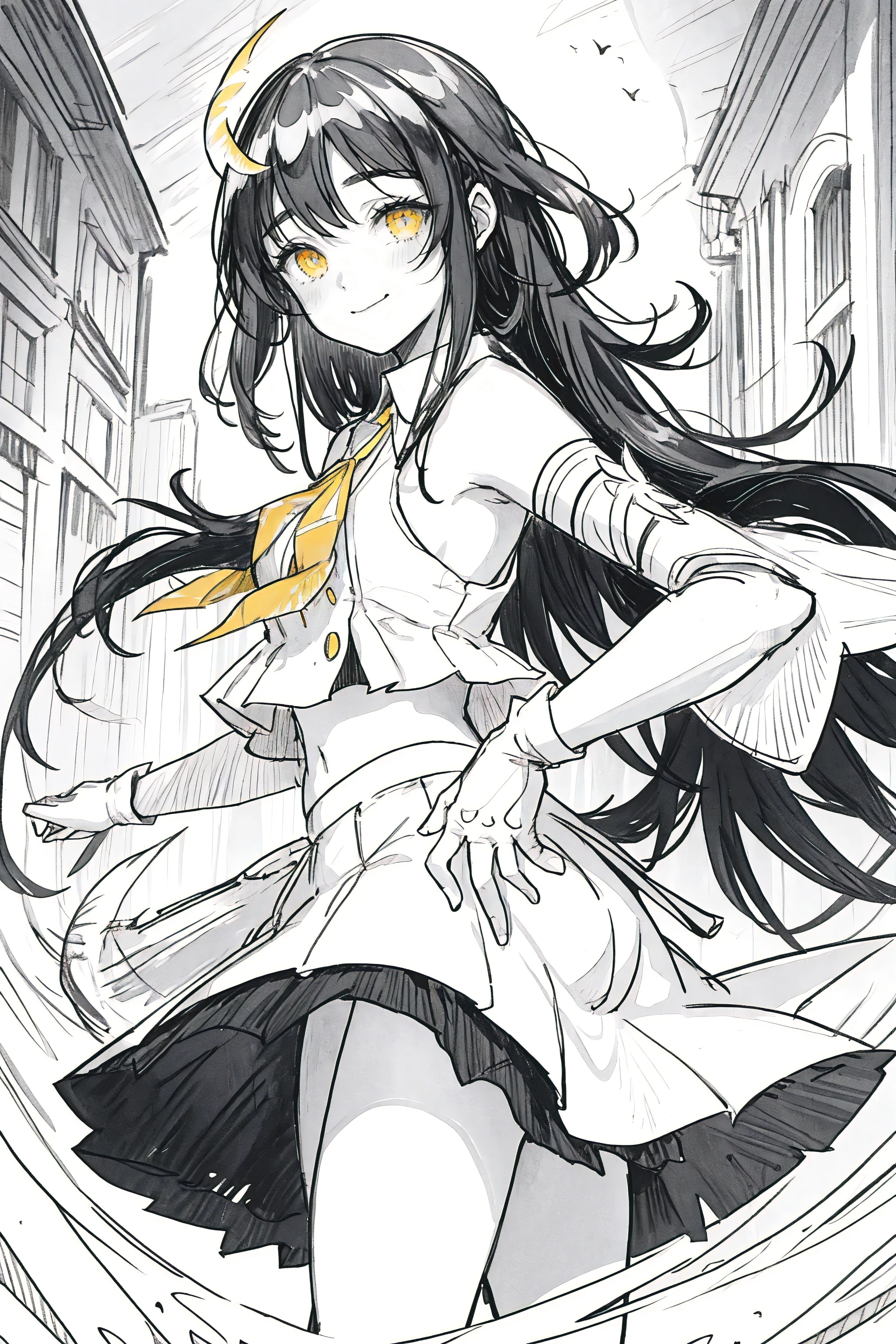 1 girl,line art,monochrome,sketch,pencil drawing,Traditional media,1 girl, , alone, trumpet, long hair, Albedo (Overlord), wing, big deal , skirt, Hip vents, black wing, white Gloves, Gloves, looking at the audience, black hair, white skirt, Shoulder, hair between eyes, yellow eyes, feathered wing, demon trumpet, Smile, feather, devil girl, Split, slit pupil, Split collar, Bangs, very long hair, close your mouth, black feather, cowboy shooting, Cover the navel, elbow Gloves, white trumpet, Everlasting, demon wing ,