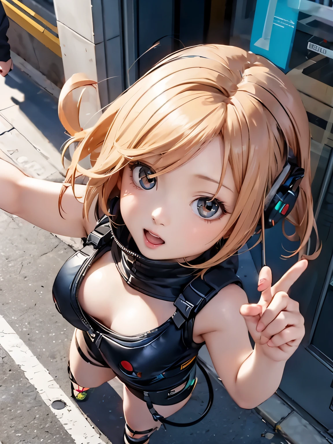 (female android), chibi-style, drooping eyes, realistic skin,  aerial angle, on the street downtown,