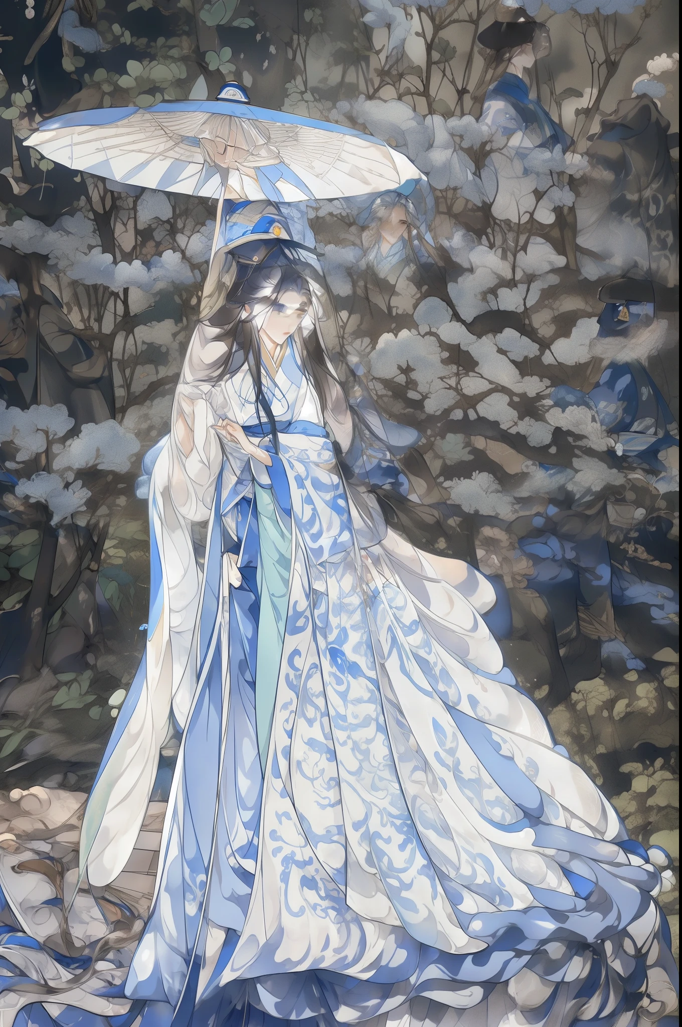 wearing blue dress、woman holding umbrella in field, white hanfu,  palace ， A girl wearing Hanfu, , Wearing ancient Chinese clothes, China costume,  Paired with ancient Chinese costumes, Chinese style, traditional Chinese,, beautiful girl, ethereal beauty, ancient chinese princess