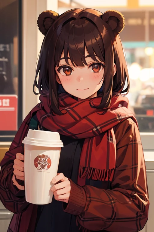 girl with bear ears, brown hair and bangs, and red scarf with tartan pattern, looking happy at camera, holding coffee 