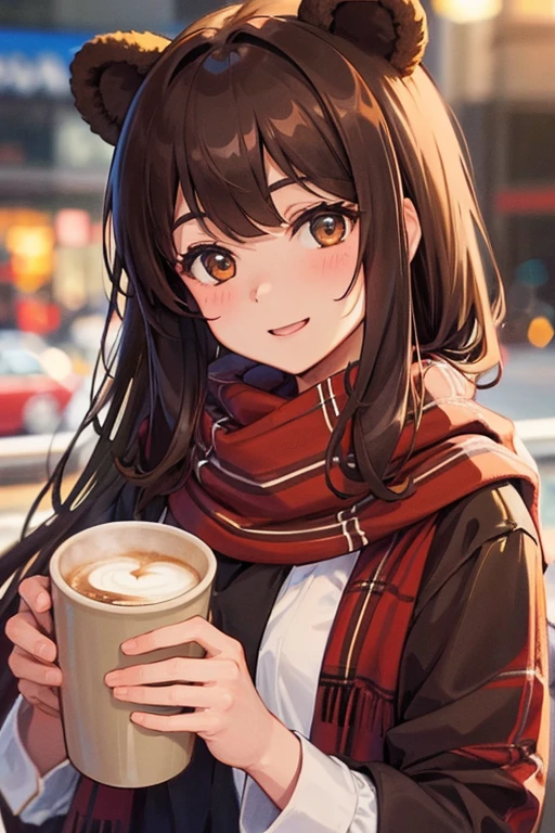 girl with bear ears, brown hair and bangs, and red scarf with tartan pattern, looking happy at camera, holding coffee