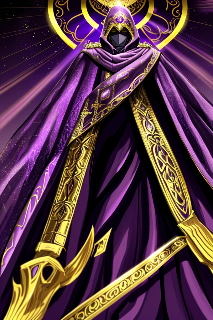 （businessman wearing purple cloak，perfect material，masterpiece，Wearing a golden ornate helmet），dark purple hood，dark purple robe，A dark purple cloak covers the head，face hidden in shadow，Standing in the vast gap of time