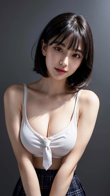 ultra high resolution, the best, 8K, realistic, high school girl, very , looking at the camera,big breasts, sexy look, Between the arms to create cleavage, bring your chest closer, beautiful clavicle, beautiful navel, smile, smile, luster, Big eyes, student highlights, double eyelid, eyelash, long neck, short hair,boyish,lustery dark black hair, bangs, attractive bangs, beautiful bangs, Pure white and empty background, stick out your ears, uniform,tie,butterfly tie, checked skirt, skin oil, luster on lips