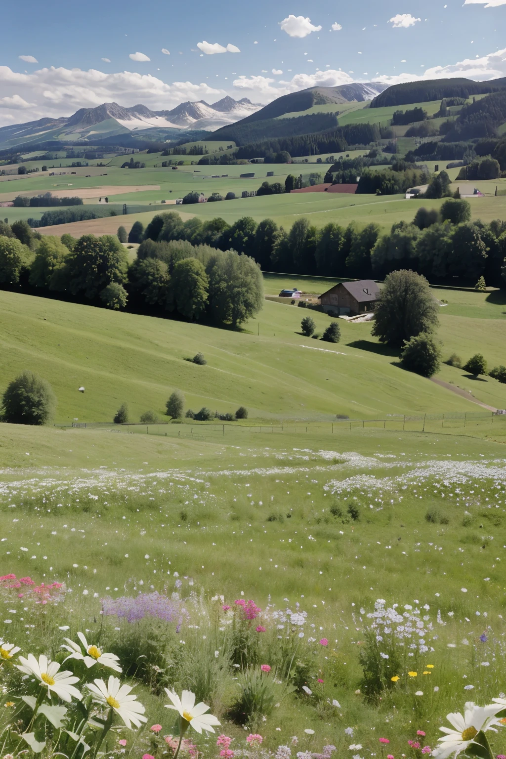 4k Foto, wiese mit Pusteblumen, berge im hintergrund, ein kristallklarer see