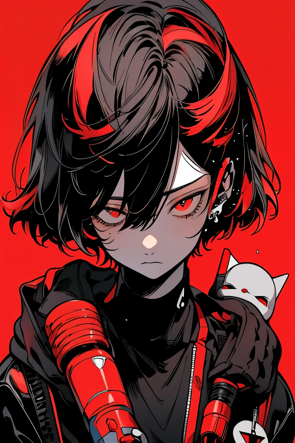 on the moon, red is the main color, Holding_arma, No_The human, lowers_Eyes, droid, background of the Milky Way galaxy,neons,Cyberpunk, Best Quality, masutepiece, absurderes, monochromes, Game CG,
