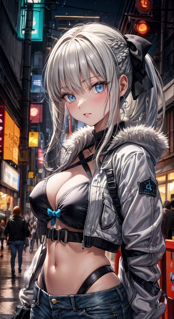 (Enrich the picture,Masterpiece level quality)Beautiful 8K CG artwork,1girl,solo,morgan le fay (fate),detailed face, perfect face, perfect eyes,blue eyes,Long Hair, pony tail,Very long hair, big , black bow,Hair Bow, thighs,side locks, French braid, grey hair,Slim and soft,big avage,Black enim short shorts,open shorts,white fur jacket,white jacket,outdoors, night, neon lights,cybeunk,