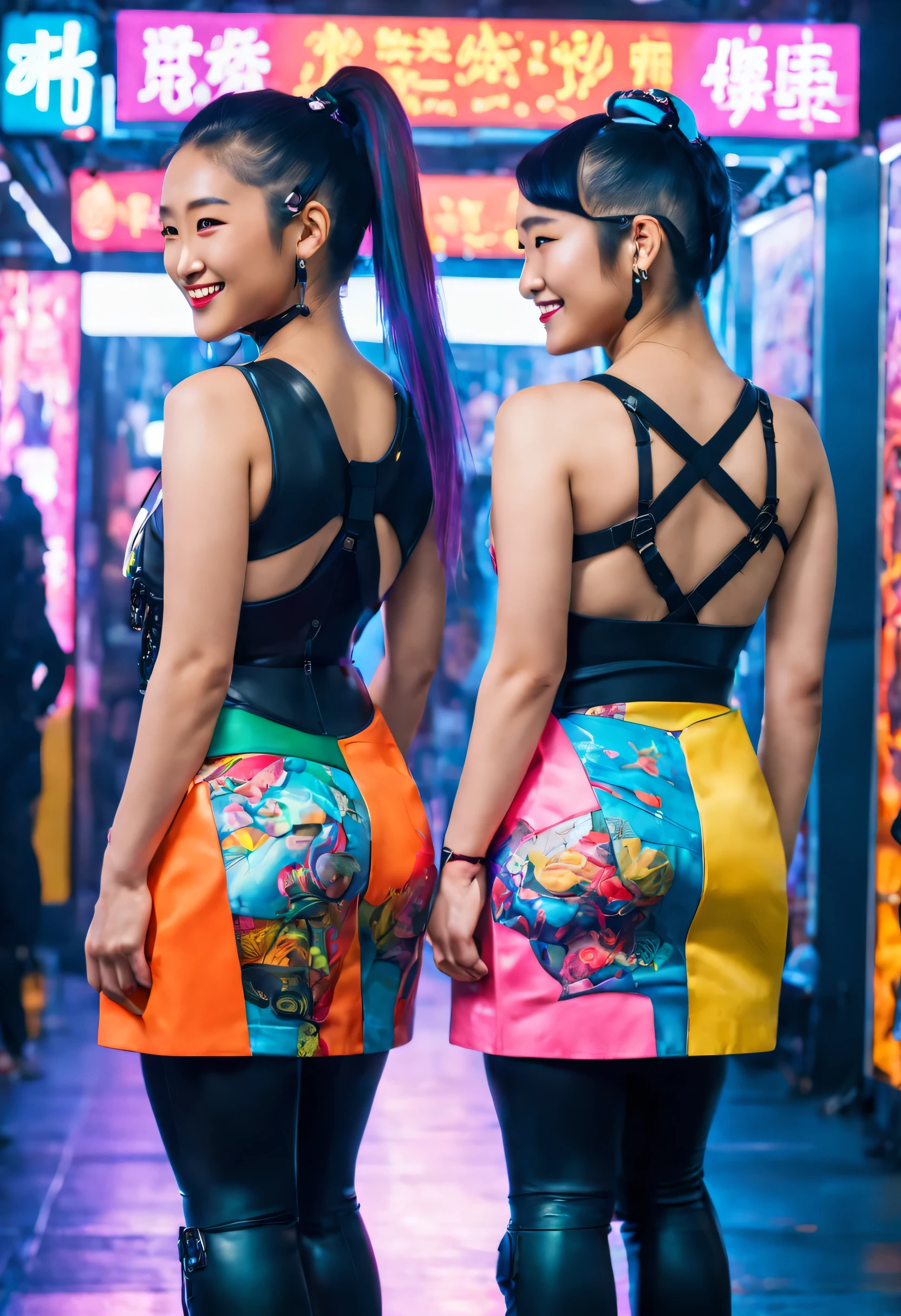 two asian cyberpunk girls standing back to back, masterpiece, best quality, 2 ((smiling)) two profile view, Harajuku-inspired cyberpunk body harness, bold colors and patterns, eye-catching accessories, trendy and innovative hairstyle, cyberpunk dressing gowns, dazzling, glowing neon signs, LED lights, anime illustration, detailed skin texture, detailed cloth texture, beautiful detailed face, intricate details, ultra detailed, cinematic lighting, strong contrast. INFO