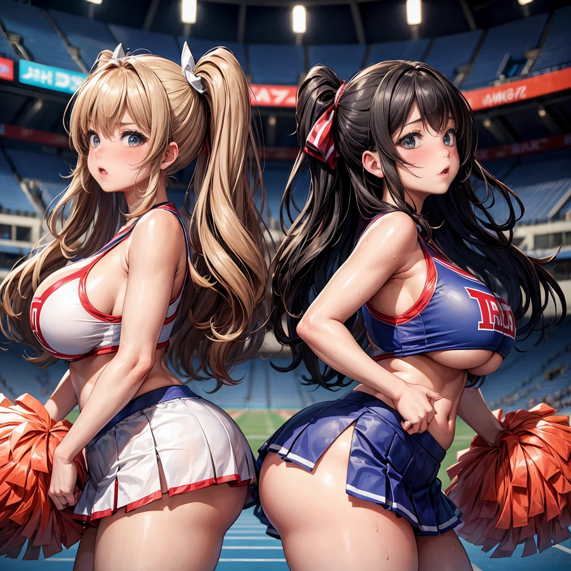 2 girltremely huge,Extremely plump,In the stadium,Cheerleading uniforms,sweating,