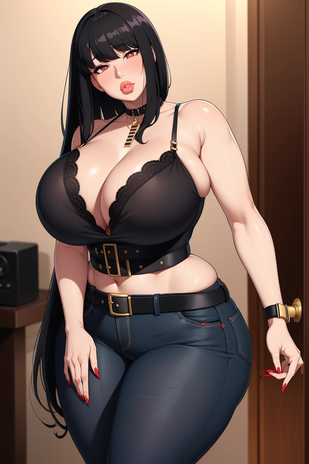 Milf, black hair, bangs, (puffy lips:1.6), thick neck, black neck band, red lipstick, eye-liner, black pupils, horny face, blush, big breasts, black bra, large breasts, enormous breasts, bedroom, gold wristwatch, wide hips, big thighs, jeans, belt, thick, very long nails