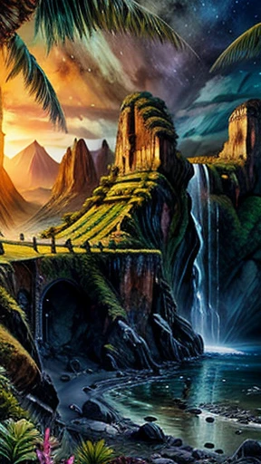An absurdly unreal fantasy (Coliseo hecho de oro y selva tropical) Landscape inspired by the best science fiction of the 20th century., Foto RAW de 8k, of the highest quality, con arco iris