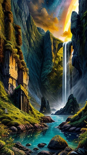 An absurdly unreal fantasy (Coliseo hecho de oro y selva tropical) Landscape inspired by the best science fiction of the 20th century., Foto RAW de 8k, of the highest quality, con arco iris