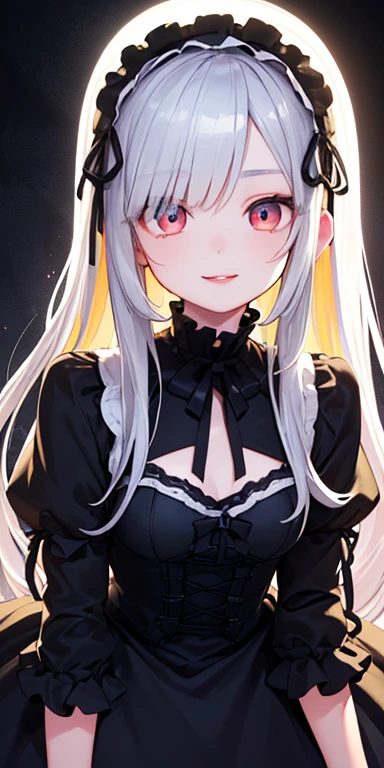 (silver hair,colorful fluorescence multicolored  hair:1.5,straight hair:1.5), (masterpiece, sidelights, exquisite beautiful eyes: 1.5), masterpiece*portrait, realistic, ((dark horror background:1.5)),(Gentle face:1.5),colorful,3D face,(cute face),front view: 1.6、 (glowing red eyes:1.2),(tareme:1.5)、(Gentle smile:1.5),((blue lip rouge:1.2)),Slim Body, shiny hair, shiny skin: 1.5、medium breasts,、solo,(stand)、(gothic lolita dress:1.5)、(charactor focus:1.5、portlate、eye focus,cowboy shot)、dark atmosphere,intricatedetails