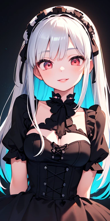 (silver hair,colorful fluorescence multicolored hair:1.5,straight hair:1.5), (masterpiece, sidelights, exquisite beautiful eyes: 1.5), masterpieceportrait, realistic, ((dark horror background:1.5)),(Gentle face:1.5),colorful,3D face,(cute face),front view: 1.6、 (glowing red eyes:1.2),(tareme:1.5)、(Gentle smile:1.5),((blue lip rouge:1.2)),Slim Body, shiny hair, shiny skin: 1.5、medium breasts,、solo,(stand)、(gothic ta dress:1.5)、(charactor focus:1.5、portlate、eye focus,cowboy shot)、dark atmosphere,intricatedetails