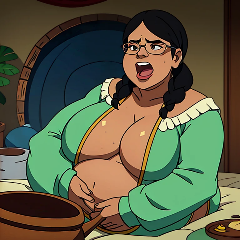 morbidly obese old evil indian aunty screaming in pain from overeating, very tight kurta, extremely wide body, ussbbw, very gigantic very fat swollen pot belly, small , her big belly is heavier than 200 kg, wearing glasses, pregnant with octuplets, resting hands on big belly, in extreme pain from overeating, she is  and cringing, she is screaming in excruciating pain from overeating, she is tightly scrunching her face, burping