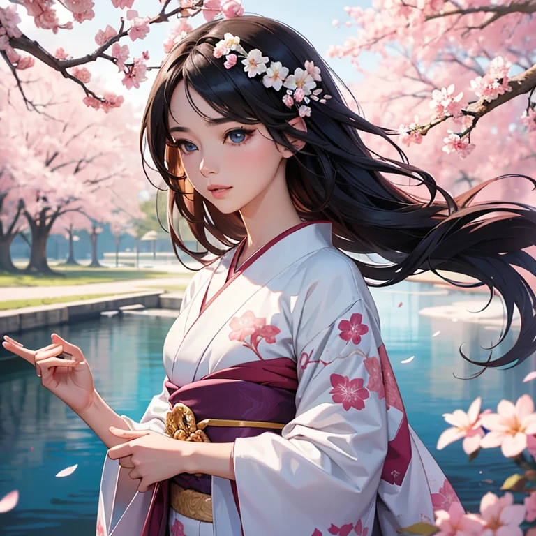 (highres,photorealistic) A beautiful woman with stunning, detailed eyes and luscious lips in an anime style. She has long, flowing hair and a soft, delicate face. The colors are vibrant and the details are ultra-detailed, making the image appear almost lifelike. The lighting is soft and gentle, giving the woman a radiant glow. The overall scene is set in a picturesque and dreamy setting, with cherry blossoms blooming in the background. The woman is dressed in an elegant and flowing kimono, adding a touch of traditional Japanese charm to the image. Her graceful posture and serene expression exude a sense of tranquility and poise. This artwork is a masterpiece, combining the intricate artistry of anime with the realism of photography. It captures the essence of beauty and elegance in a mesmerizing way.