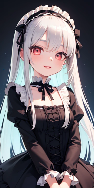 (silver hair,colorful fluorescence multicolored hair:1.5,straight hair:1.5), (masterpiece, sidelights, exquisite beautiful eyes: 1.5), masterpiece*portrait, realistic, ((dark horror background:1.5)),(Gentle face:1.5),colorful,3D face,(cute face),front view: 1.6、 (glowing red eyes:1.2),(tareme:1.5)、(Gentle smile:1.5),((blue lip rouge:1.2)),Slim Body, shiny hair, shiny skin: 1.5、medium breasts,、solo,(stand)、(gothic lolita dress:1.5)、(charactor focus:1.5、portlate、eye focus,cowboy shot)、bright atmosphere,intricatedetails