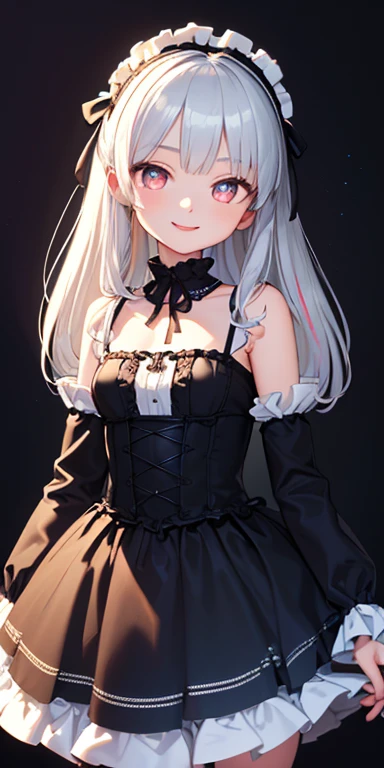 (silver hair,colorful fluorescence multicolored  hair:1.5,straight hair:1.5), (masterpiece, sidelights, exquisite beautiful eyes: 1.5), masterpiece*portrait, realistic, ((dark horror background:1.5)),(Gentle face:1.5),colorful,3D face,(cute face),front view: 1.6、 (glowing red eyes:1.2),(tareme:1.5)、(Gentle smile:1.5),((blue lip rouge:1.2)),Slim Body, shiny hair, shiny skin: 1.5、medium breasts,、solo,(stand)、(gothic lolita dress:1.5)、(charactor focus:1.5、portlate、eye focus,cowboy shot)、dark atmosphere,intricatedetails