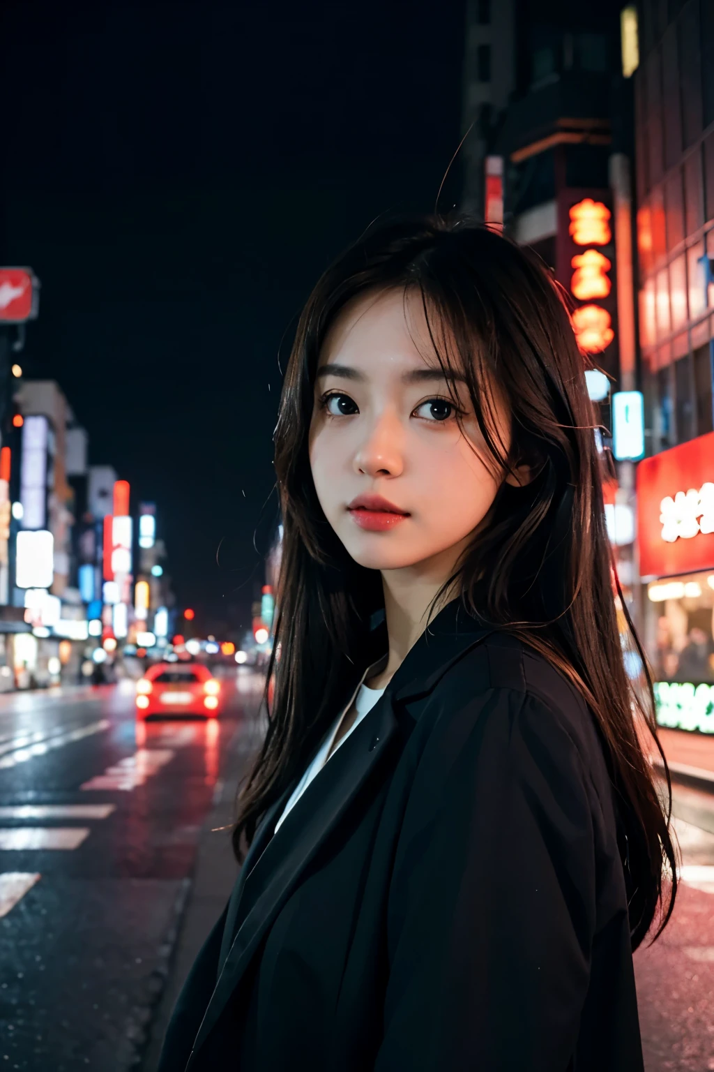 1girl, Tokyo street,night, cityscape,city lights, upper body,close-up, 8k, RAW photo, best quality, masterpiece,realistic, photo-realistic,