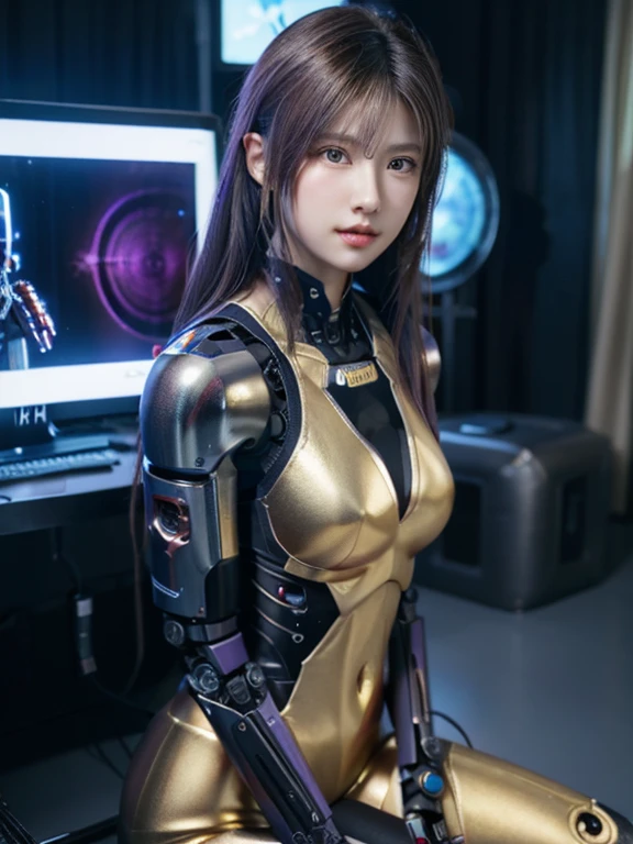 masterpiece、live-action、Over-the-knee portrait、((purple and gold plug suit)), ((beautiful girl:1.2))、mechanized body、Mechanized chest and abdomen、mechanized occiput、Light brown semi-long hair, almost black、long eyes、Mechanized leg rack metallic suit that perfectly fits the body、Have an assault rifle、(decadent background)、artificial body、abdominal mechanism、((robot arm and hand))、((robot legs))、((machine neck))、Inside the spaceship、beautiful girl、19 years old、asian beauty, Actuator and cable are exposed in the abdomen、cyborg、150mm、beautiful studio soft light、rim light、vivid details、gorgeous cyberpunk、surreal、anatomical、facial muscles、cable wire、elegant、beautiful background、octane rendering、HR giger style、8K、highest quality、very delicate and beautiful、 Highly detailed CG、(real、photorealistic:1.37)、amazing details、Highly Detaild CG Unity 8k wallpaper、Full body Esbian、
