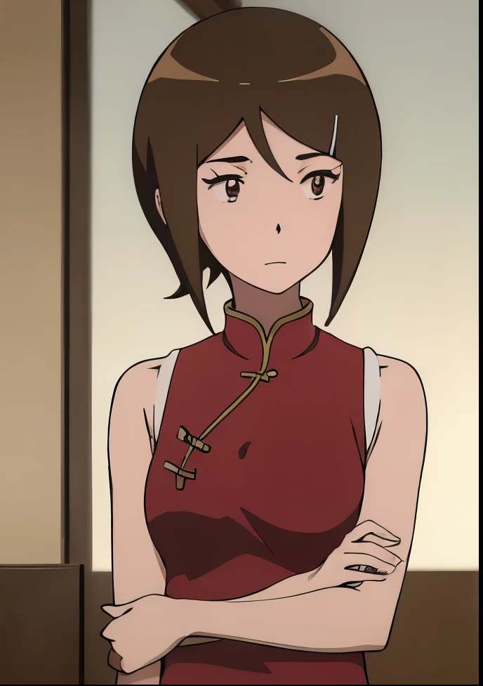 A girl wearing a red cheongsam standing in the room, shuushuu anime image, as an anime character, Short brown-haired girl, Brown-eyed girl, two chignon knots, anime character, Hymn of the King as a Princess, short, anime girl, big breasts, medium chest, classic shoujo, Chignon Cap, female anime character, upper body only, Bare shoulders, Also