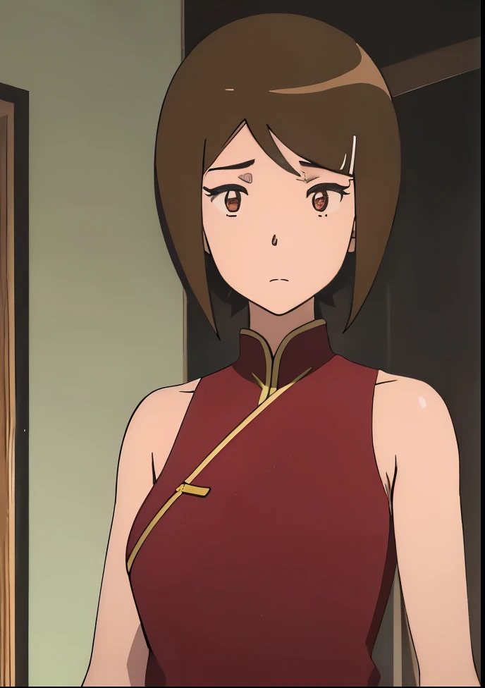 A girl wearing a red cheongsam standing in the room, shuushuu anime image, as an anime character, Short brown-haired girl, Brown-eyed girl, two chignon knots, anime character, Hymn of the King as a Princess, short, anime girl, big breasts, medium chest, classic shoujo, Chignon Cap, female anime character, upper body only, Bare shoulders, Also