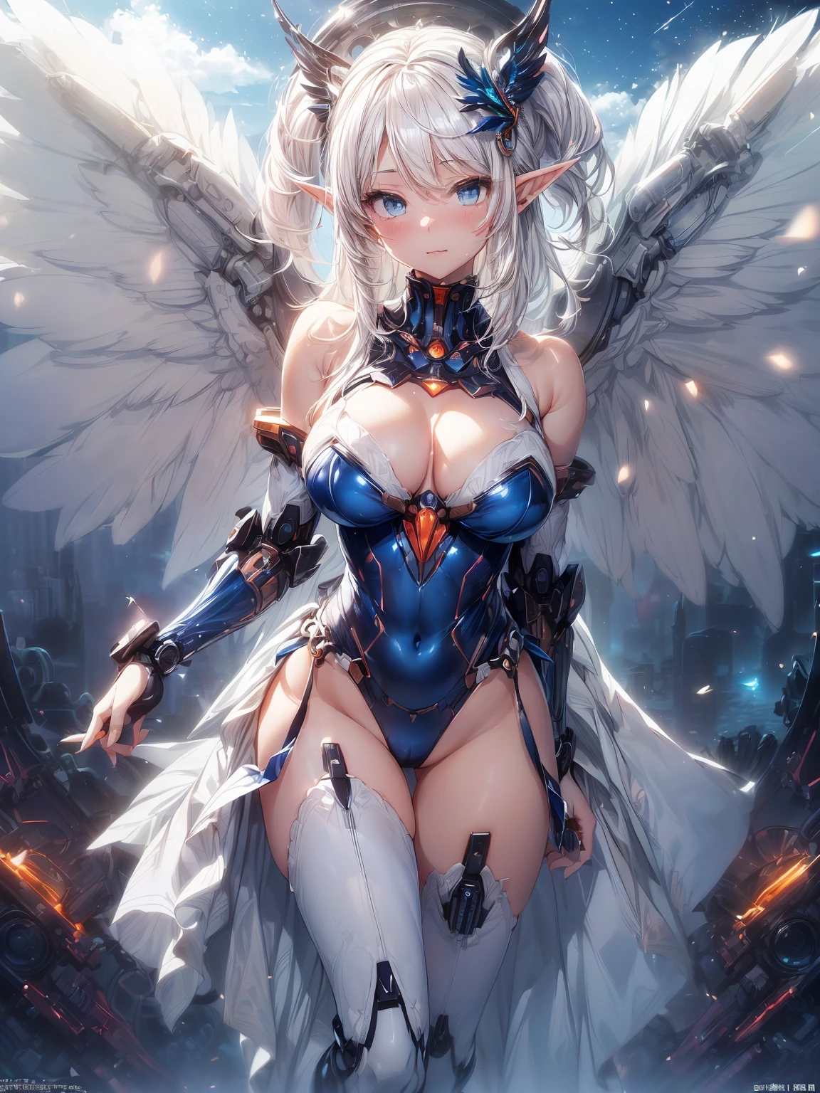(masterpiece、highest quality, wonderful, very detailedティッカーユニティ、8k wallpaper, written boundary depth, Ultra-fine illustration:1.5)、。.。.3D, very detailed, (Full body Esbian、Mecha elf girl:1.3), sci-fi battlefield, Hawken, shy smile, open your mouth、short ponytail hair, (white blonde hair, deep blue eyes:1.2), sparkling eyes, Embarrassingly cute face, cute, big breasts, delicate hair, messy hair, (((Sky-high、blue and wide sky, White cloud、shiny hair, shiny skin, (Symmetrical mechanical winetallic colored mechanical wings that are widely expanded to the left and right so that they protrude wonderfully from the screen, bite, white hair ornament), (particles of light, cinematic lighting: 1.3), (light pink lips: 0.8), by Yusuke Murata.