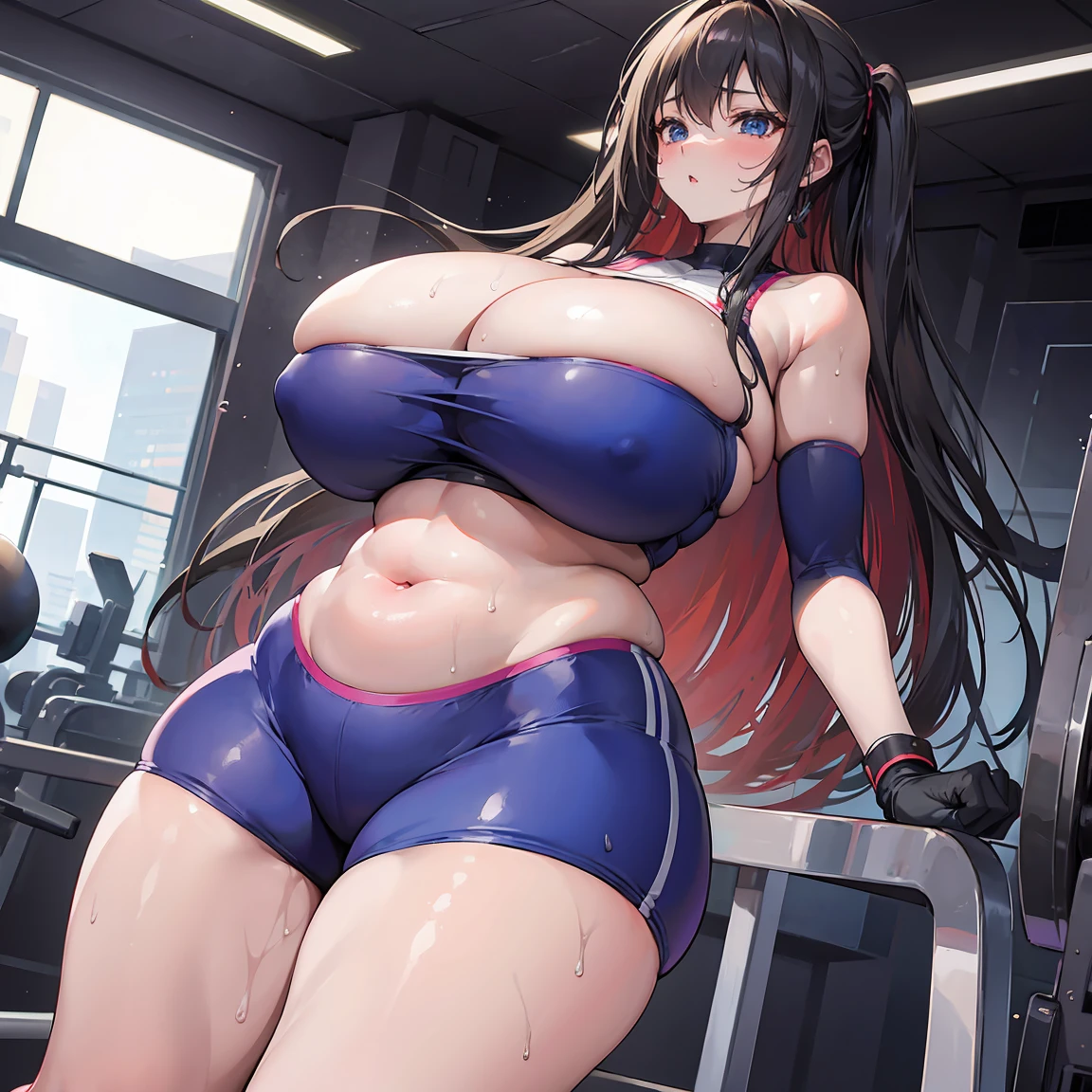 1 girl，plump thightremely huge，in the gym，Ride on a giant balancing ball，sweating，