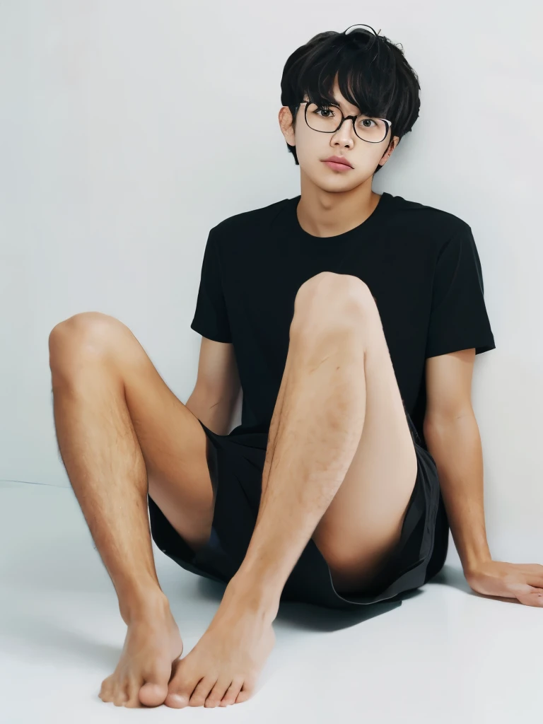 no shin hair, Naked man in his 20s wearing shorts, whole body, barefoot, Asia, black rimmed glasses, long legs, two block