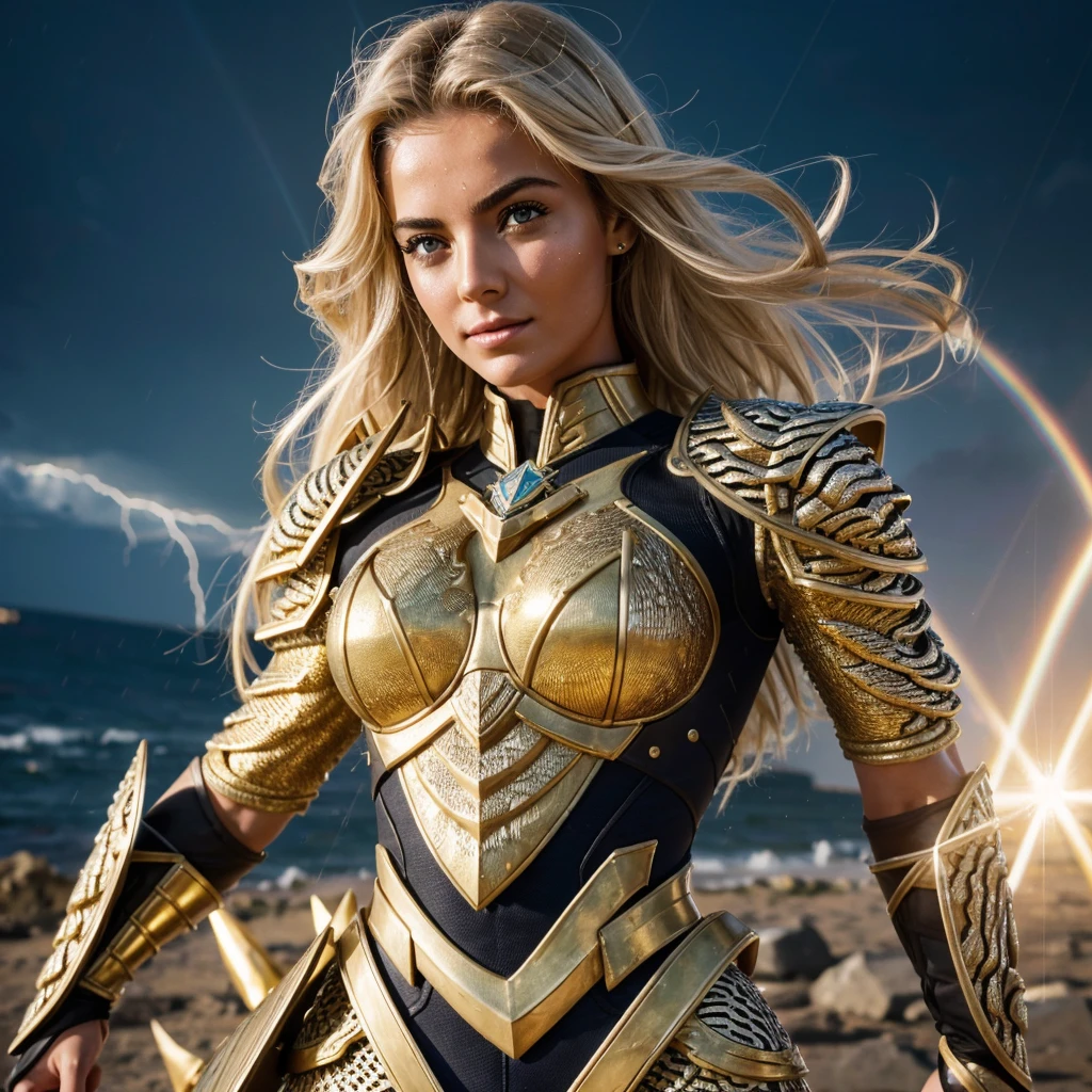 Knight of the Zodiac Aiolia de Leo, caveleira de ouro com capa branca, ataque na velocidade da luz, Saint Seya, (STYLE OCTANE RENDER!!!), (textura OURO REALISTA), CABELO REALISTA!!! (OURO BRILHANTE), (textura realista:2.0), (HDR:1.2), (4K), BLOND HAIR LONG, tiro de corpo inteiro!!!, camera low, TRAJE super detalhada ( DOURADA ARMADURA), adornada com pedras brilhantes, (GODDESS ARMOIRY ARMOR!) traje com pedras preciosas, ombreiras largas, nordic woman!, rosto angelical, symmetrical face, seduzir, coxas musculosas definidas, SALA DO TRONO MAJESTADE, corpo inteiro, mostre as pernas de calcinha dourada brilhante relusente, olhos azuis sensuais, coxas BRANCA, pernas, boca vermelha, olhos pequenos, nariz fino, (Nordic ethnicity), (MUSCULAR GIRL!), (STRONG GIRL!), pele branca, 25 year old girl skin clean, pele branca, skin clean, (OLHOS PERFEITOS!), hot girl, pele muito branca, albina, luzes piscando, SPLASH, ((RAINDROPS!!!!)) (LENS FLARE!), (RAINBOW!), (RAIN:1), (STORM!), (SUPER STORM!!!), (GRAIN), (textura molhada!), (powerfull girl!!!), ((blonde eyebrows!!!))