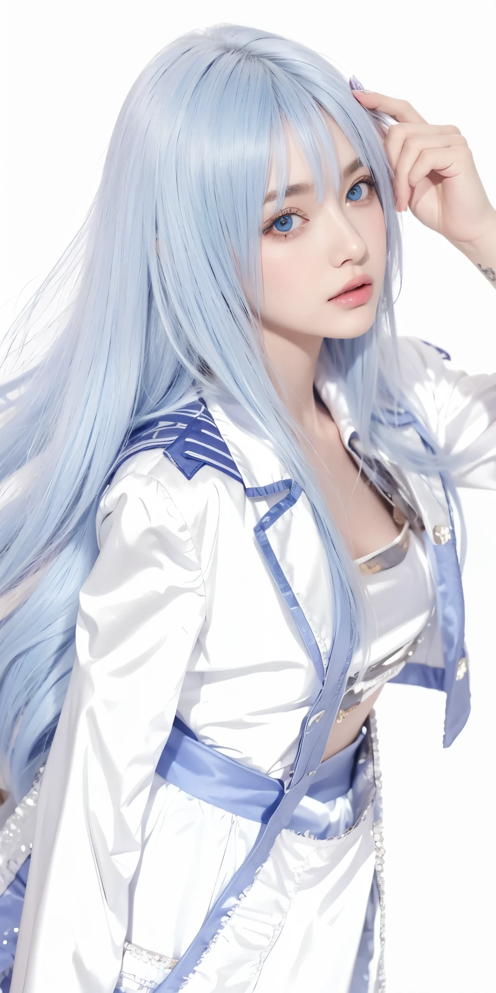 1girl, blue hair, blue eyes, high quality, ultra detailed, masterpiece, realistic,clothes